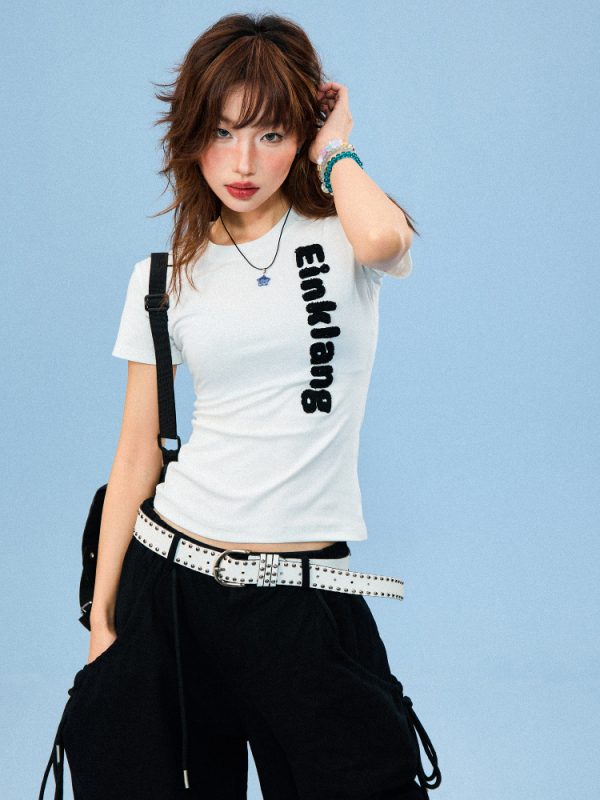 American-Style Flocked Embroidered Spicy Girl Short Sleeve Cropped T-Shirt for Women - Summer Slim Fit Casual Top
