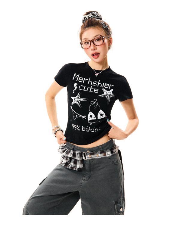 American Style Fun Pixel Print Short Sleeve T-Shirt for Women - Summer Slim Fit Cropped Top, Trendy Y2K Fashion