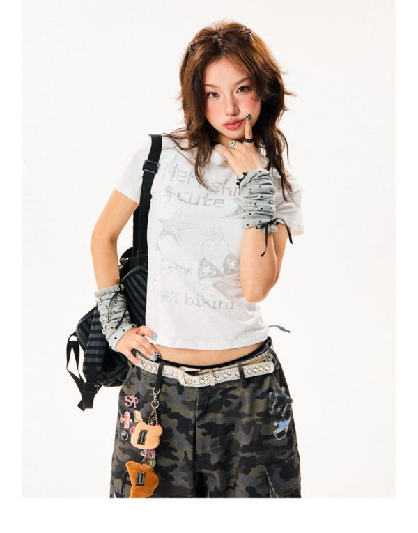 American Style Fun Pixel Print Short Sleeve T-Shirt for Women - Summer Slim Fit Cropped Top, Trendy Y2K Fashion