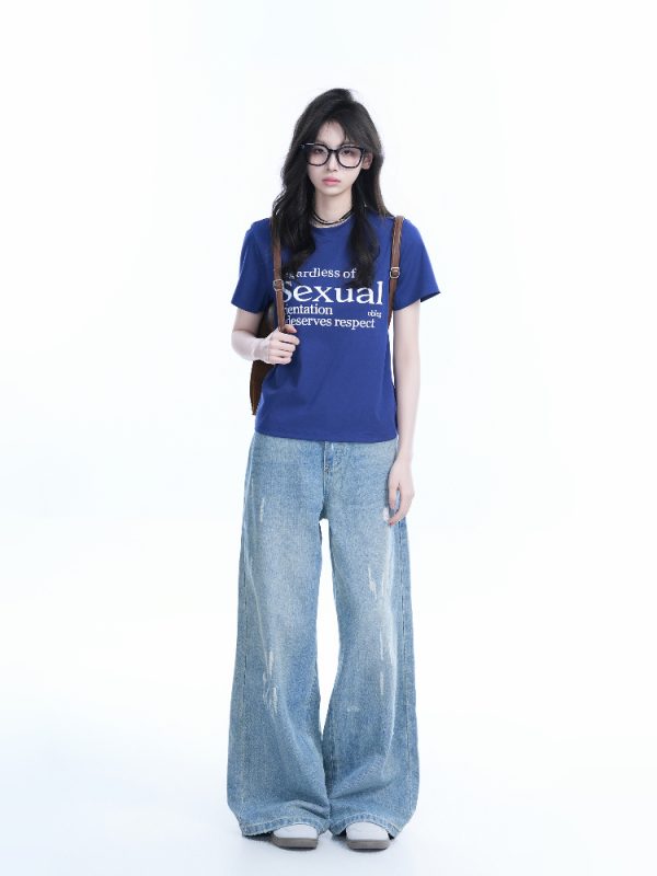 American Style Heavy-Duty Washed Gradient Short Sleeve T-Shirt for Women - Oversized Loose Fit Tee