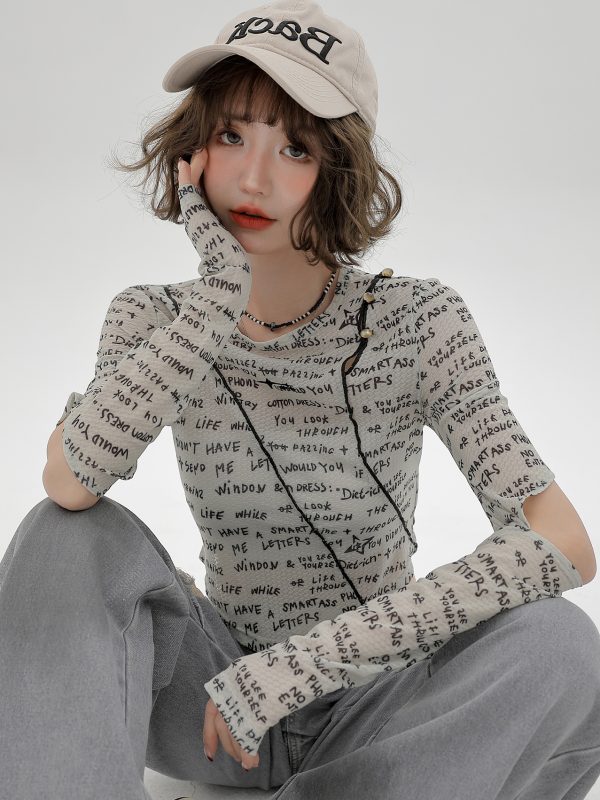 American-Style Long-Sleeve Cropped T-Shirt for Women - Sweet Cool Letter Print, Spicy Girl Fashion, 2024 Trendy Look