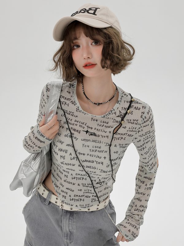 American-Style Long-Sleeve Cropped T-Shirt for Women - Sweet Cool Letter Print, Spicy Girl Fashion, 2024 Trendy Look