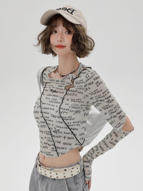 American-Style Long-Sleeve Cropped T-Shirt for Women - Sweet Cool Letter Print, Spicy Girl Fashion, 2024 Trendy Look