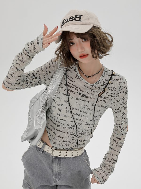 American-Style Long-Sleeve Cropped T-Shirt for Women - Sweet Cool Letter Print, Spicy Girl Fashion, 2024 Trendy Look