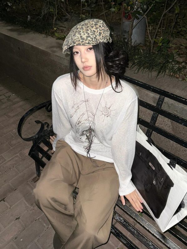 American Style Long Sleeve T-Shirt for Women, Summer Shell Print, Sheer Sun Protection Cover-Up, Loose Fit, Trendy Couple's Top