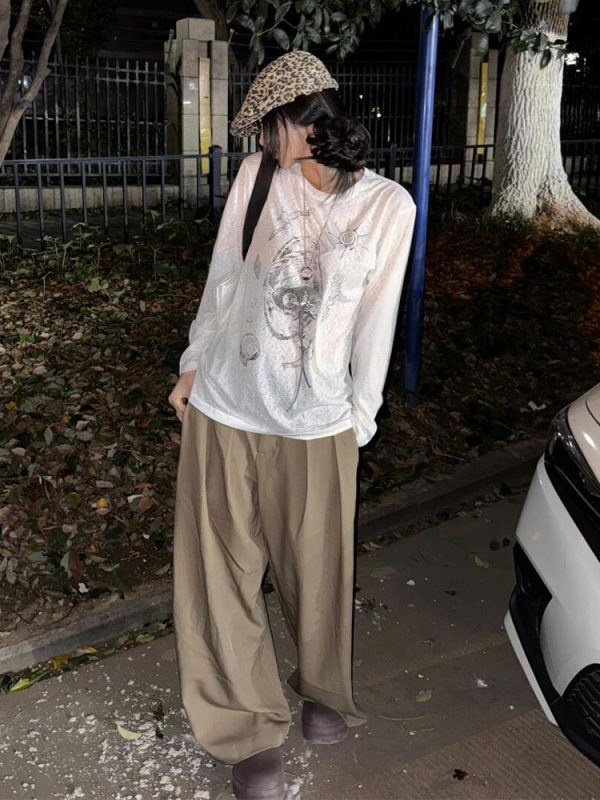 American Style Long Sleeve T-Shirt for Women, Summer Shell Print, Sheer Sun Protection Cover-Up, Loose Fit, Trendy Couple's Top