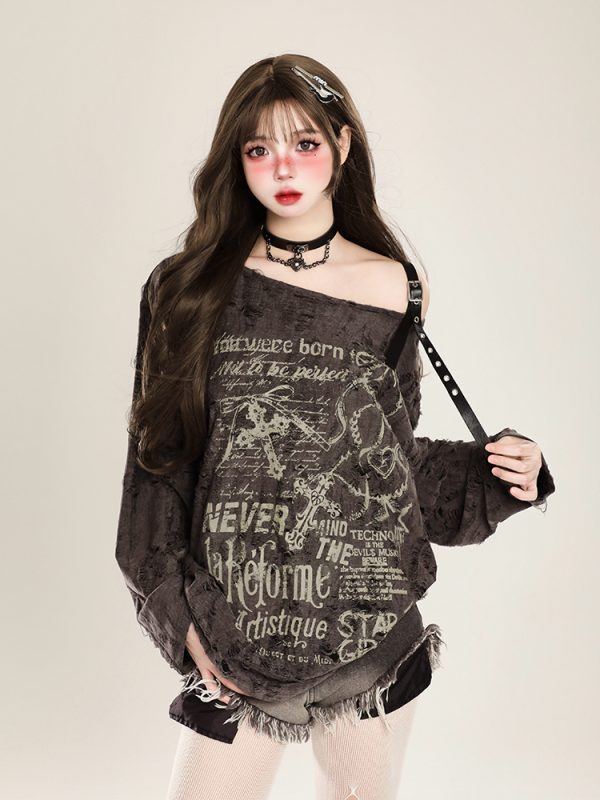 American Style Off-Shoulder T-Shirt for Women - Spicy Girl Spring Long Sleeve Top with Sun Protection and Loose Fit