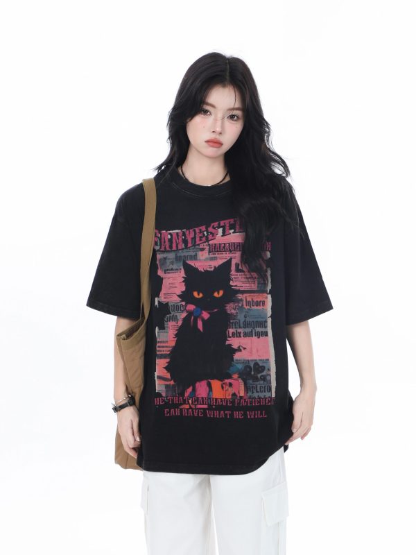 American-Style Oversized Heavy-Duty Washed Short Sleeve T-Shirt for Women - Summer Pure Cotton Loose Fit Trendy Top