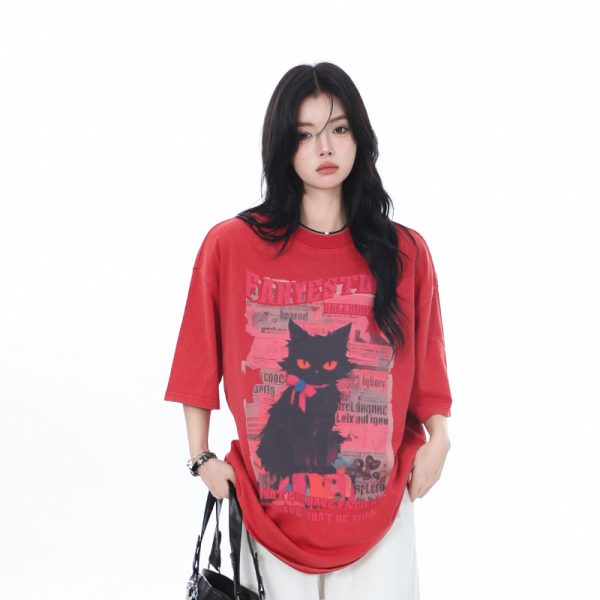 American-Style Oversized Heavy-Duty Washed Short Sleeve T-Shirt for Women - Summer Pure Cotton Loose Fit Trendy Top