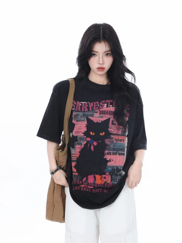 American-Style Oversized Heavy-Duty Washed Short Sleeve T-Shirt for Women - Summer Pure Cotton Loose Fit Trendy Top