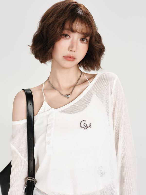American-Style Oversized Round Neck Sheer Pullover Top for Women - Embroidered Spicy Girl Summer Fashion
