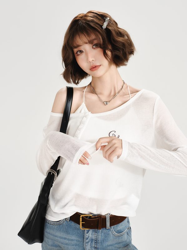 American-Style Oversized Round Neck Sheer Pullover Top for Women - Embroidered Spicy Girl Summer Fashion