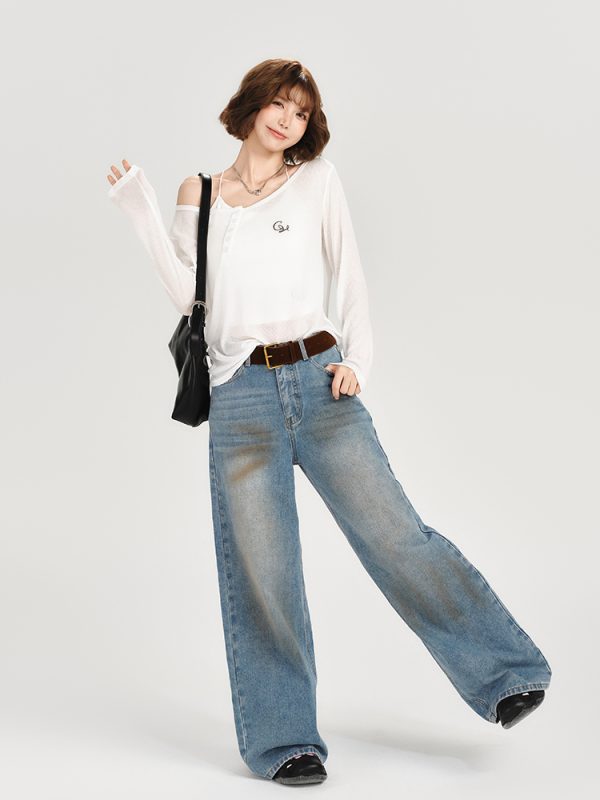 American-Style Oversized Round Neck Sheer Pullover Top for Women - Embroidered Spicy Girl Summer Fashion