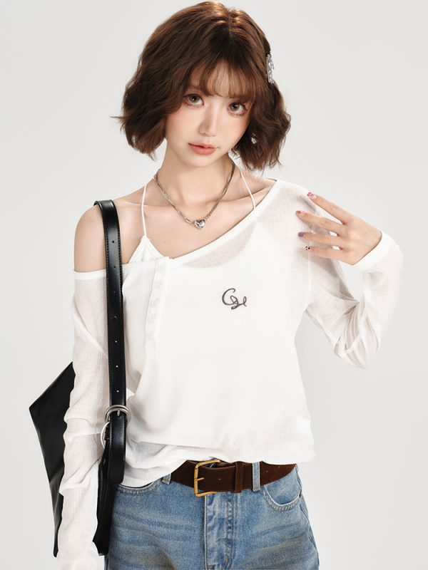 American-Style Oversized Round Neck Sheer Pullover Top for Women - Embroidered Spicy Girl Summer Fashion