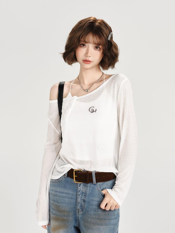 American-Style Oversized Round Neck Sheer Pullover Top for Women - Embroidered Spicy Girl Summer Fashion