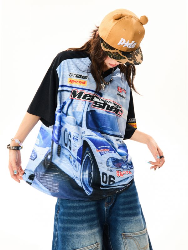American-Style Racing Graphic V-Neck Short Sleeve T-Shirt for Women - Summer Mesh Breathable Loose Fit Jersey Top