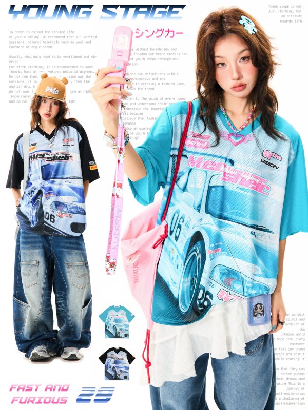 American-Style Racing Graphic V-Neck Short Sleeve T-Shirt for Women - Summer Mesh Breathable Loose Fit Jersey Top