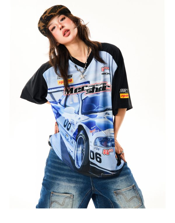 American-Style Racing Graphic V-Neck Short Sleeve T-Shirt for Women - Summer Mesh Breathable Loose Fit Jersey Top