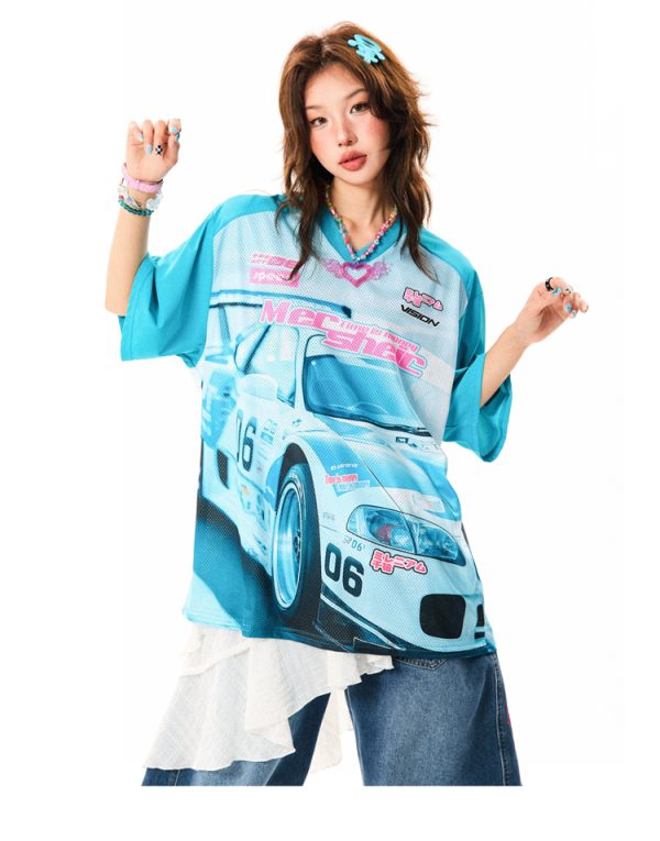 American-Style Racing Graphic V-Neck Short Sleeve T-Shirt for Women - Summer Mesh Breathable Loose Fit Jersey Top