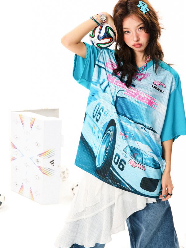American-Style Racing Graphic V-Neck Short Sleeve T-Shirt for Women - Summer Mesh Breathable Loose Fit Jersey Top