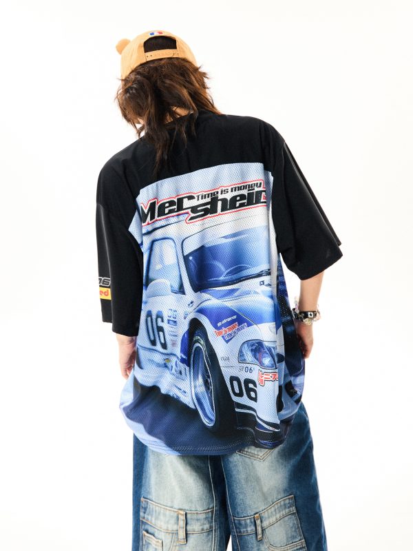 American-Style Racing Graphic V-Neck Short Sleeve T-Shirt for Women - Summer Mesh Breathable Loose Fit Jersey Top