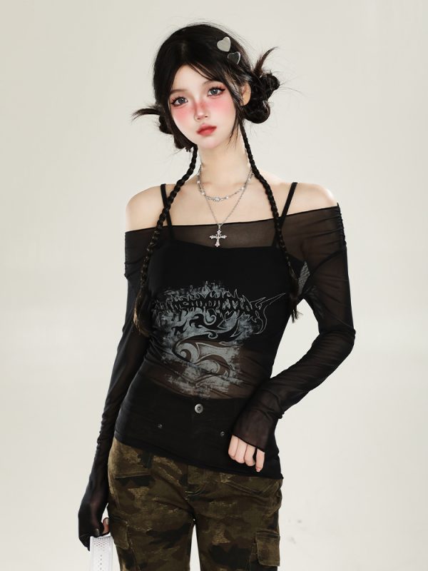 American-Style Red Off-Shoulder Mesh Cover-Up Two-Piece Set for Women - Sweet & Spicy Spring/Summer Sun Protection Long Sleeve Top