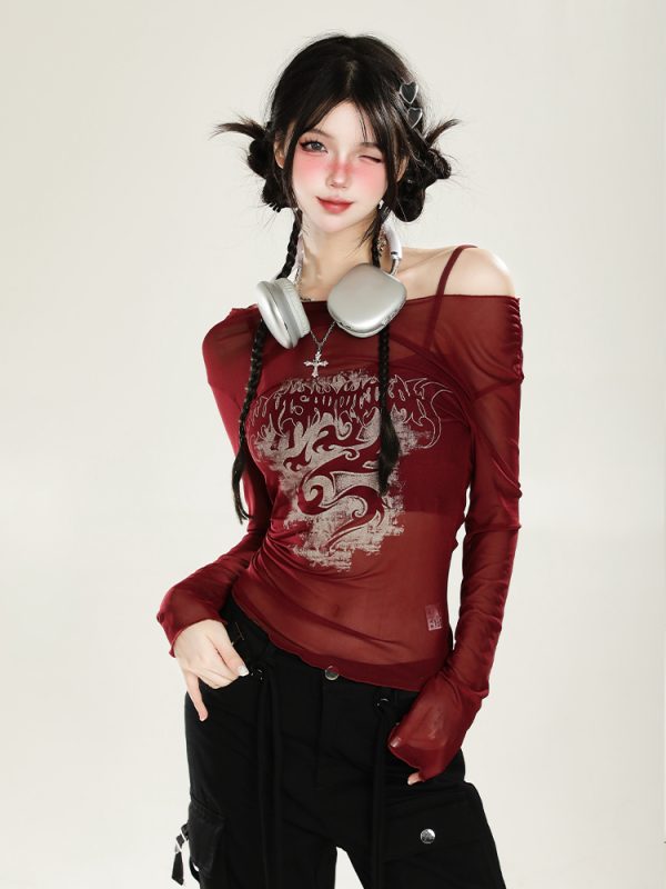 American-Style Red Off-Shoulder Mesh Cover-Up Two-Piece Set for Women - Sweet & Spicy Spring/Summer Sun Protection Long Sleeve Top