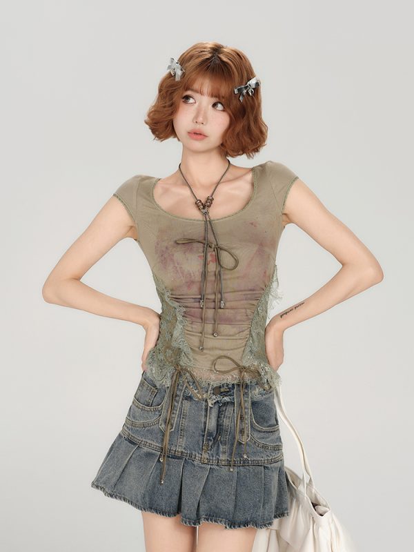 American Style Spicy Girl Heavy Lace Splicing Short Sleeve T-Shirt for Women - Summer Slim Fit Top in Trendy Y2K Fashion