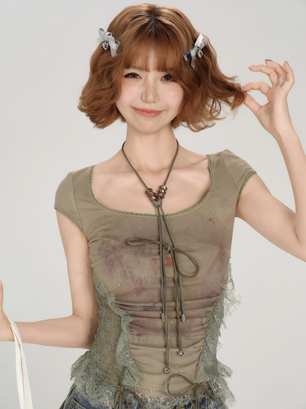 American Style Spicy Girl Heavy Lace Splicing Short Sleeve T-Shirt for Women - Summer Slim Fit Top in Trendy Y2K Fashion