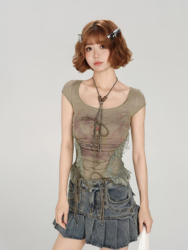 American Style Spicy Girl Heavy Lace Splicing Short Sleeve T-Shirt for Women - Summer Slim Fit Top in Trendy Y2K Fashion