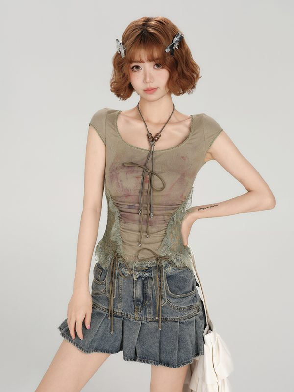American Style Spicy Girl Heavy Lace Splicing Short Sleeve T-Shirt for Women - Summer Slim Fit Top in Trendy Y2K Fashion