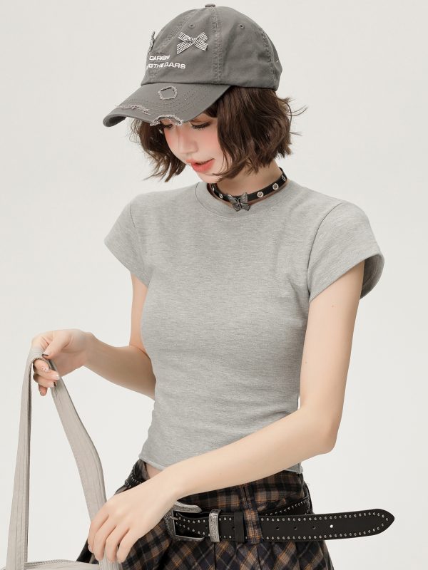 American-Style Spicy Girl Short Sleeve T-Shirt for Women - Summer Basic Round Neck Slim Fit Solid Color Top