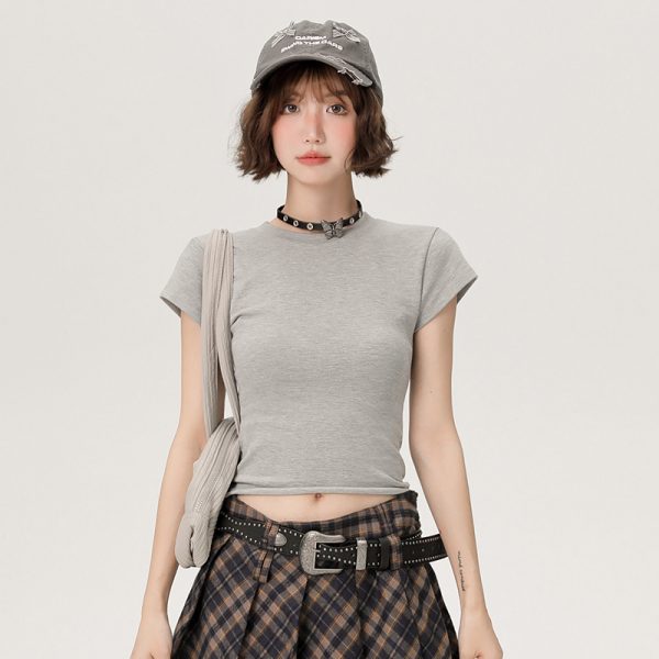 American-Style Spicy Girl Short Sleeve T-Shirt for Women - Summer Basic Round Neck Slim Fit Solid Color Top