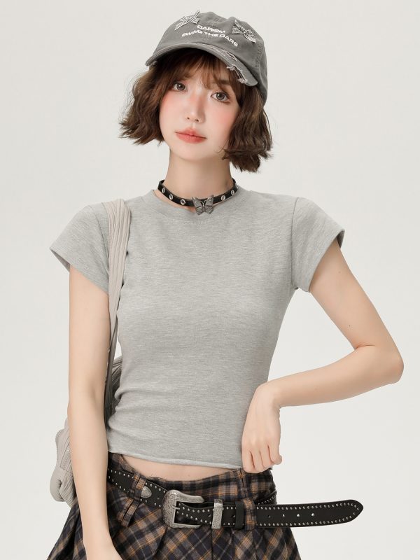 American-Style Spicy Girl Short Sleeve T-Shirt for Women - Summer Basic Round Neck Slim Fit Solid Color Top