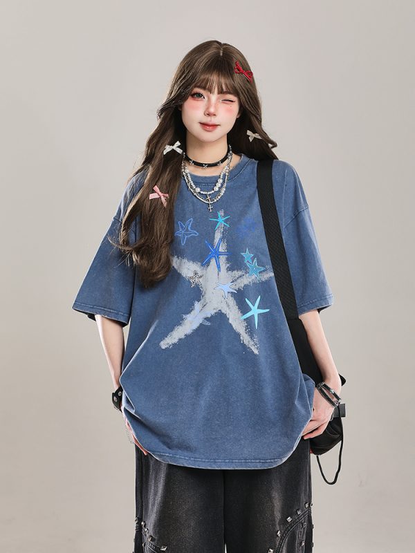 American Style Star Short-Sleeve T-Shirt for Girls - Unique Summer Casual Loose Fit Half-Sleeve Top