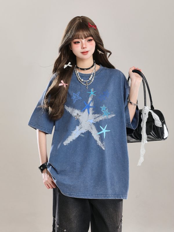 American Style Star Short-Sleeve T-Shirt for Girls - Unique Summer Casual Loose Fit Half-Sleeve Top