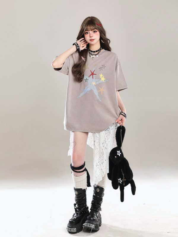 American Style Star Short-Sleeve T-Shirt for Girls - Unique Summer Casual Loose Fit Half-Sleeve Top