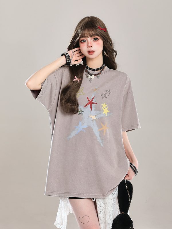 American Style Star Short-Sleeve T-Shirt for Girls - Unique Summer Casual Loose Fit Half-Sleeve Top