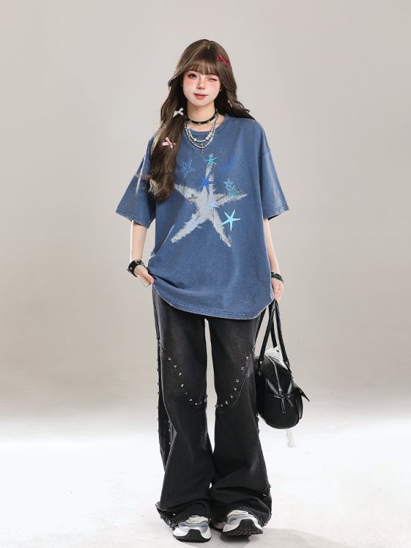 American Style Star Short-Sleeve T-Shirt for Girls - Unique Summer Casual Loose Fit Half-Sleeve Top