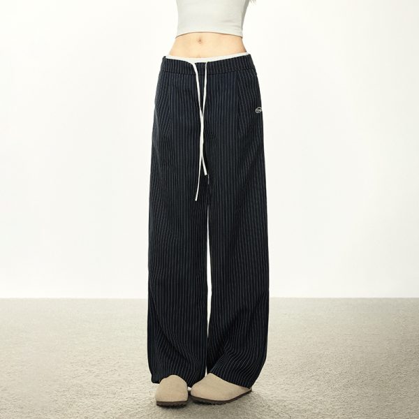 American-Style Striped Faux Two-Piece Suit Pants for Women - Loose Wide-Leg Casual Trousers for Spring and Autumn Fashion