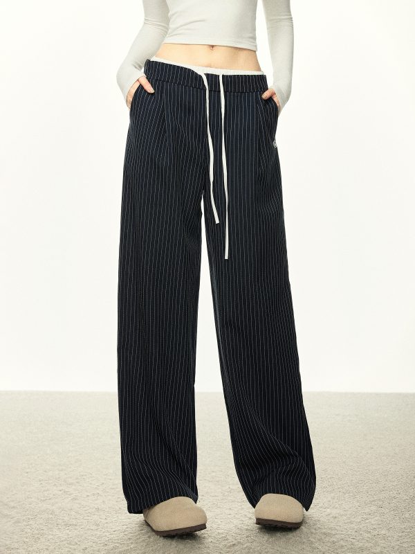 American-Style Striped Faux Two-Piece Suit Pants for Women - Loose Wide-Leg Casual Trousers for Spring and Autumn Fashion