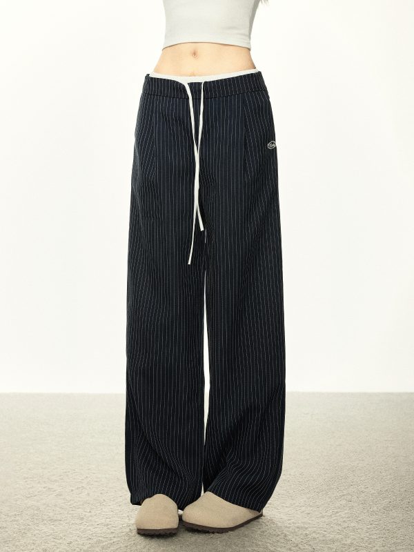 American-Style Striped Faux Two-Piece Suit Pants for Women - Loose Wide-Leg Casual Trousers for Spring and Autumn Fashion