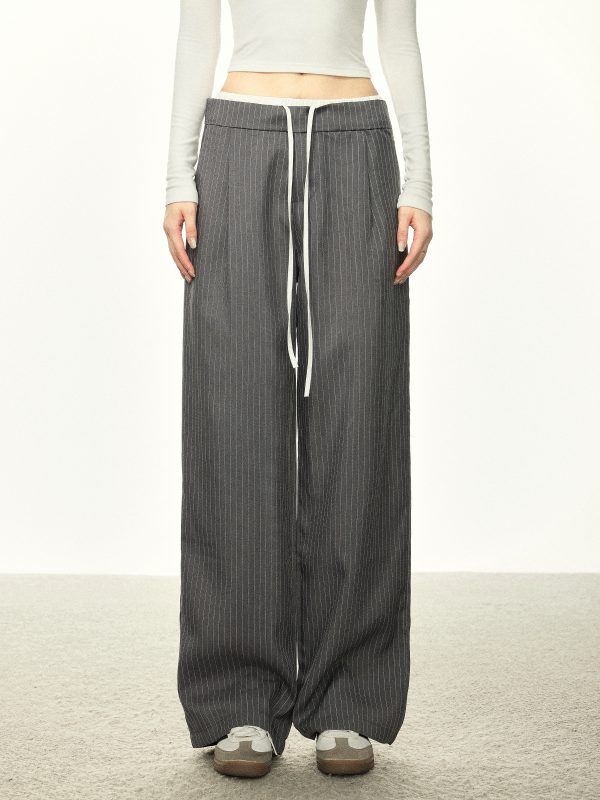 American-Style Striped Faux Two-Piece Suit Pants for Women - Loose Wide-Leg Casual Trousers for Spring and Autumn Fashion