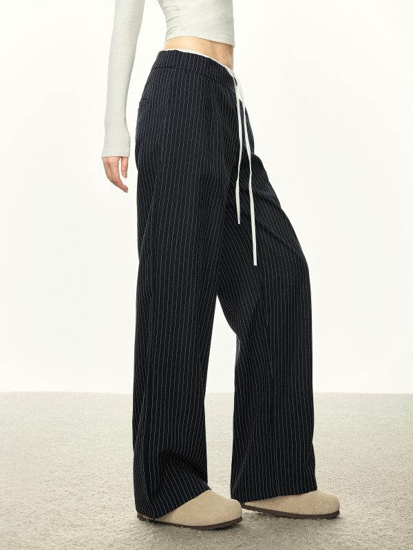 American-Style Striped Faux Two-Piece Suit Pants for Women - Loose Wide-Leg Casual Trousers for Spring and Autumn Fashion