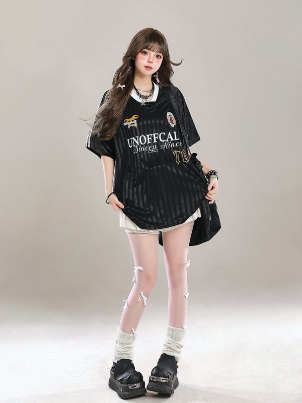 American-Style V-Neck Sports Jersey Short Sleeve T-Shirt for Women - Summer OOTD Loose Fit Top