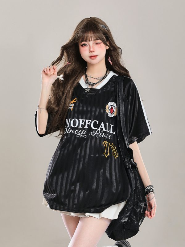 American-Style V-Neck Sports Jersey Short Sleeve T-Shirt for Women - Summer OOTD Loose Fit Top