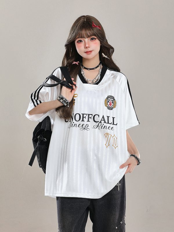 American-Style V-Neck Sports Jersey Short Sleeve T-Shirt for Women - Summer OOTD Loose Fit Top