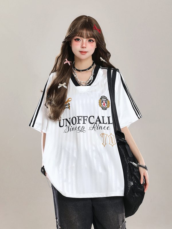 American-Style V-Neck Sports Jersey Short Sleeve T-Shirt for Women - Summer OOTD Loose Fit Top
