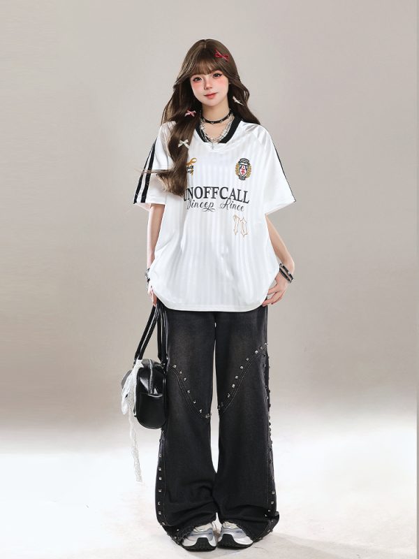 American-Style V-Neck Sports Jersey Short Sleeve T-Shirt for Women - Summer OOTD Loose Fit Top