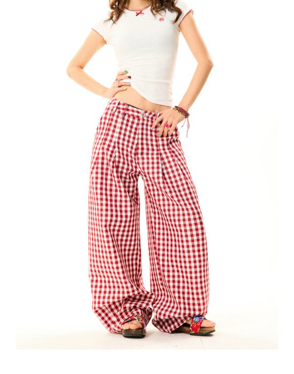 American Sweetheart Red Plaid Wide-Leg Casual Pants for Women - Relaxed Loose Versatile Trousers, Perfect for Y2K and Everyday Style